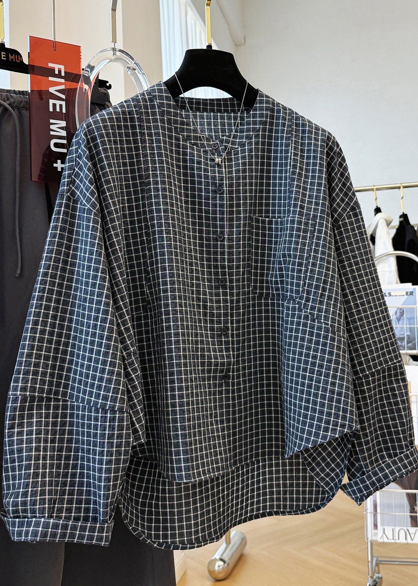 Shirt Plaid Fall Pockets Cotton Collar Top Casual Stand Black