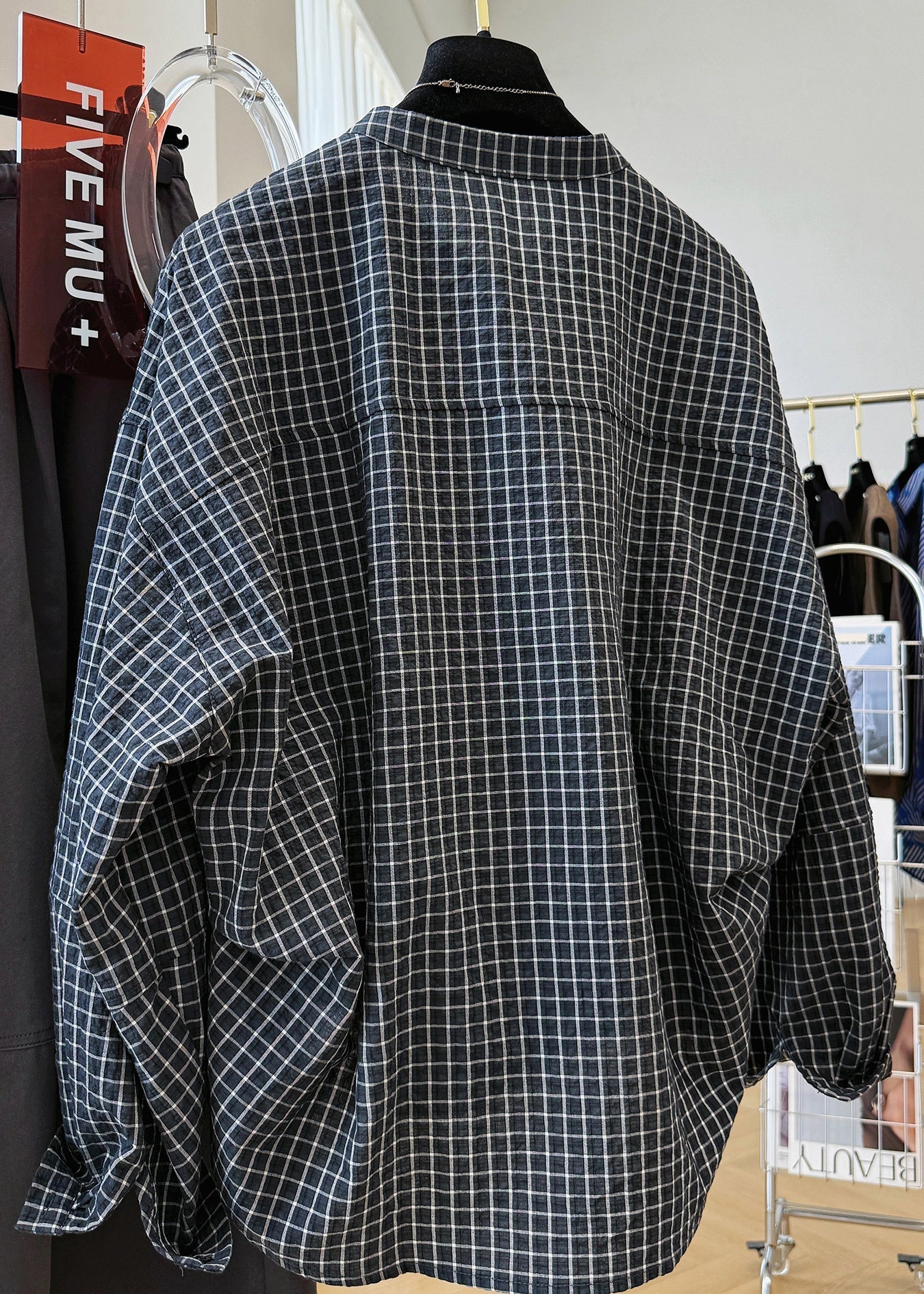 Shirt Plaid Fall Pockets Cotton Collar Top Casual Stand Black