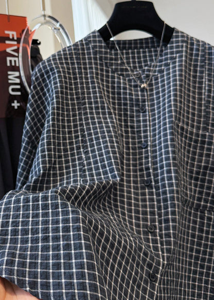 Shirt Plaid Fall Pockets Cotton Collar Top Casual Stand Black