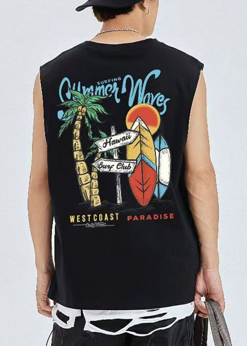 Cozy Black Men Graphic Print Cotton Tees Casual Sleeveless