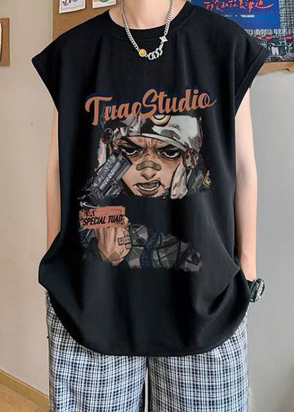 Summer Oversized Tanks Cotton Mens Black Print Casual