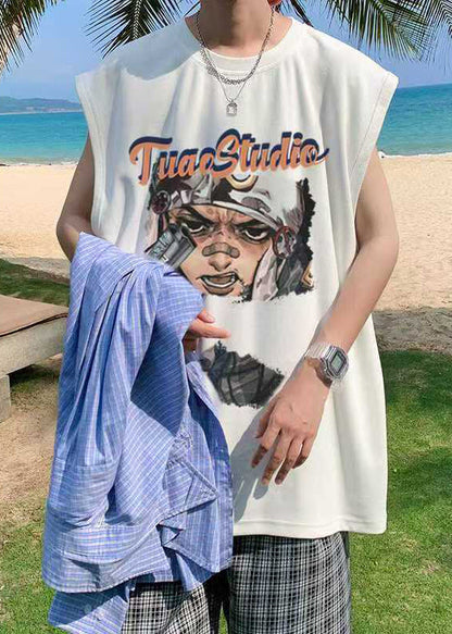 Summer Oversized Tanks Cotton Mens Black Print Casual