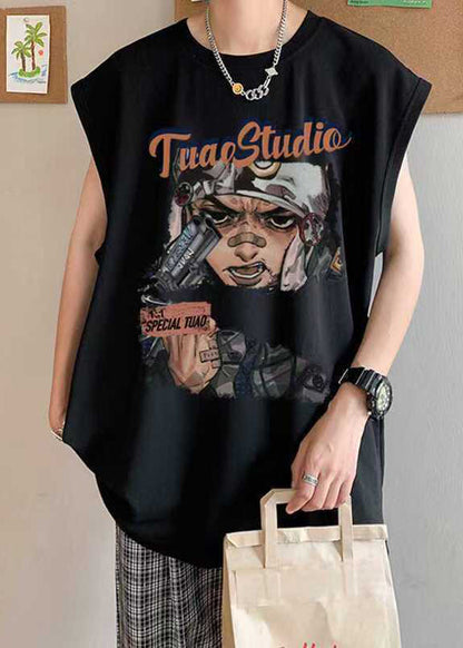 Summer Oversized Tanks Cotton Mens Black Print Casual