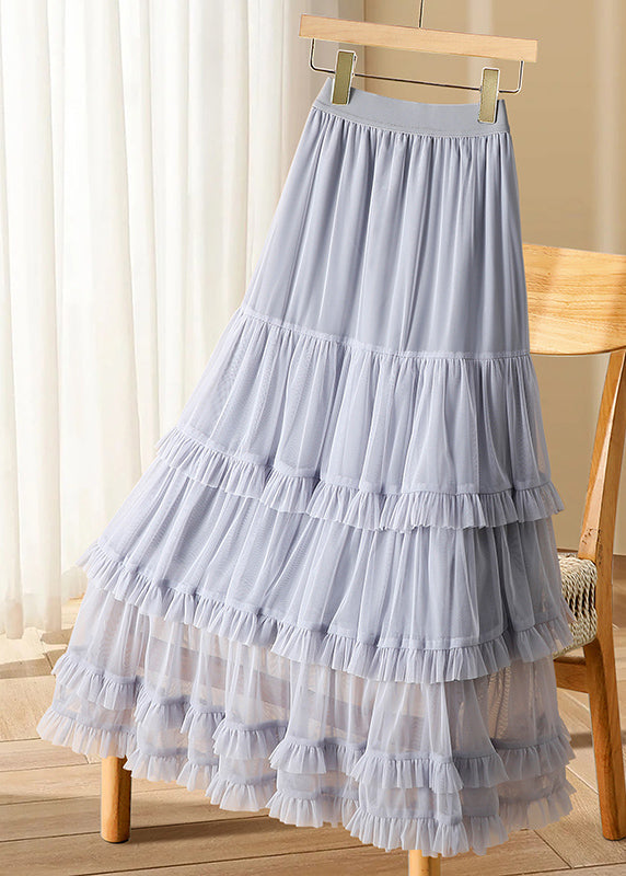 Cake Waist Tulle Skirts Ruffled Elastic Black Casual Long