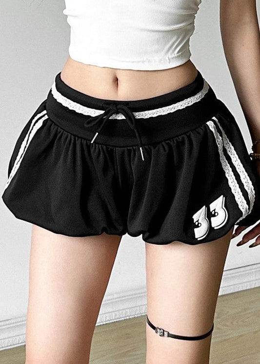 Waist Casual Shorts Striped Cotton Summer Elastic Black