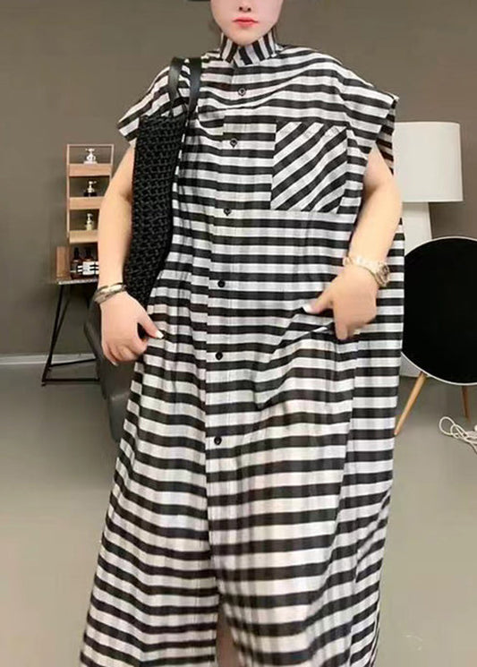 Casual Black Striped Stand Collar Button Maxi Dress Short Sleeve TR017