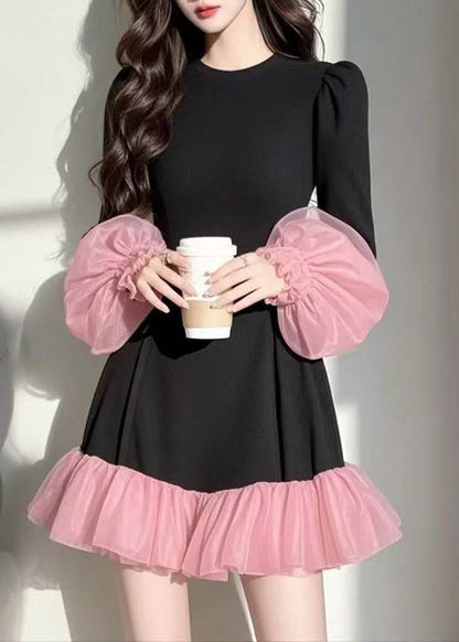 Casual Puff Sleeve Patchwork Black Vacation Dresses Mid Tulle