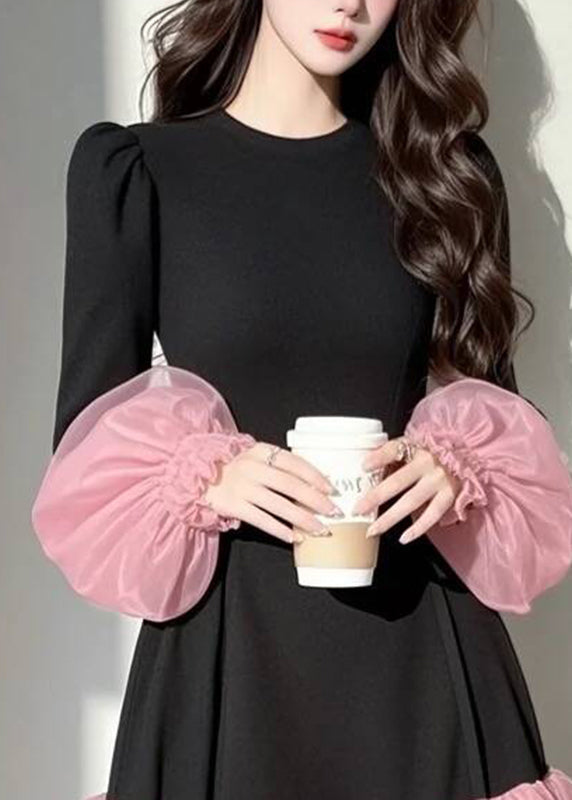 Casual Puff Sleeve Patchwork Black Vacation Dresses Mid Tulle