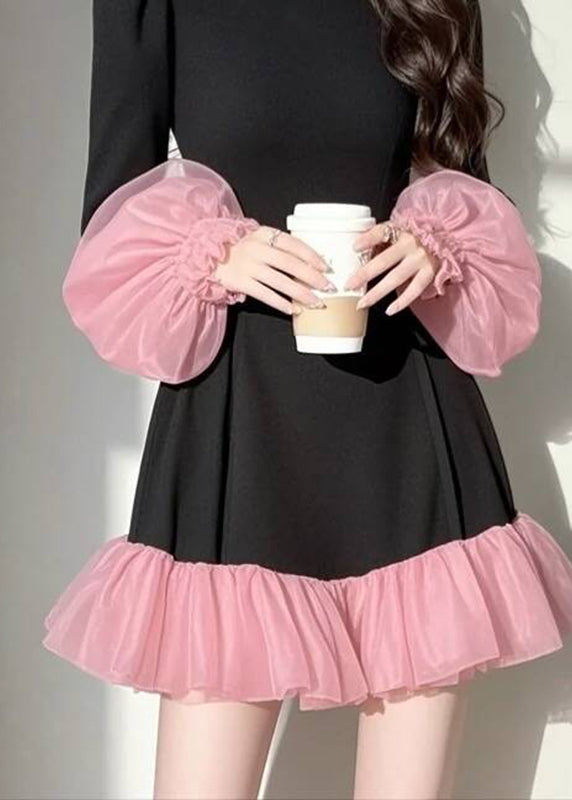 Casual Puff Sleeve Patchwork Black Vacation Dresses Mid Tulle