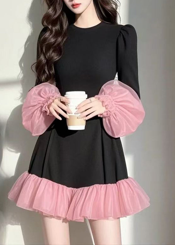 Casual Puff Sleeve Patchwork Black Vacation Dresses Mid Tulle