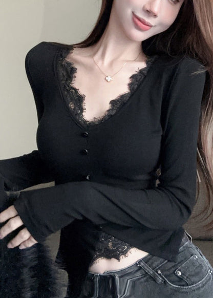 Casual Black V Neck Patchwork Cotton Shirts Spring YP009