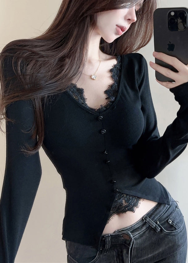 Casual Black V Neck Patchwork Cotton Shirts Spring YP009