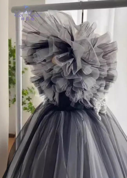 Patchwork Neck Tulle Casual Dress Girls V Summer Long Black