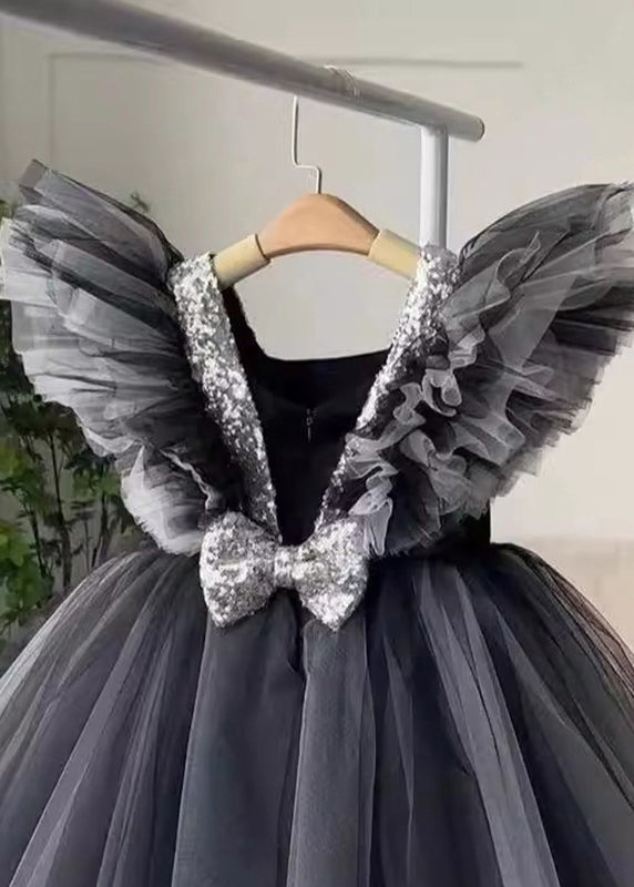 Patchwork Neck Tulle Casual Dress Girls V Summer Long Black