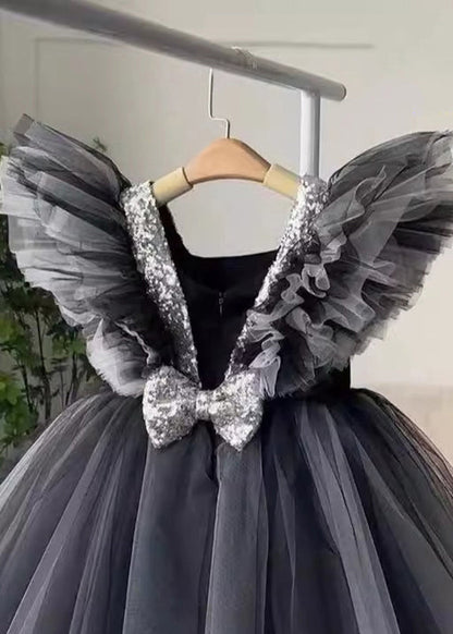 Patchwork Neck Tulle Casual Dress Girls V Summer Long Black