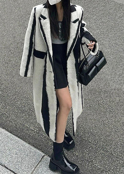 Casual Black White Striped Notched Button Woolen Maxi Coats Winter RP001