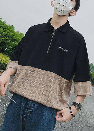 Casual Up Patchwork Black Apparel Men Shirts Zip Cotton Polo