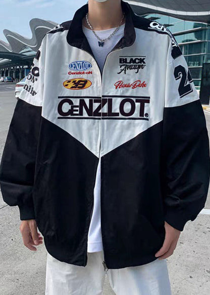 Patchwork Cotton Spring TC001 Zippered Black Coat Casual Men Letter