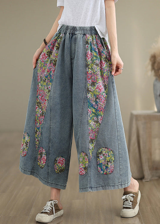 Pockets Summer Blue Elastic Crop Casual Jeans Waist Patchwork