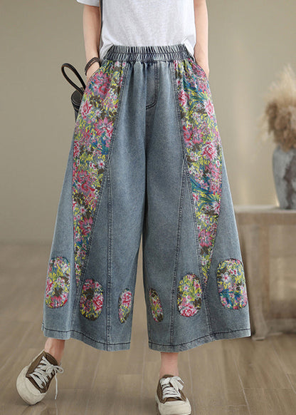 Pockets Summer Blue Elastic Crop Casual Jeans Waist Patchwork