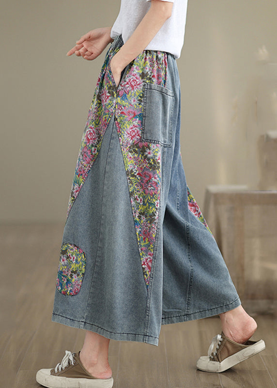 Pockets Summer Blue Elastic Crop Casual Jeans Waist Patchwork