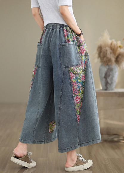 Pockets Summer Blue Elastic Crop Casual Jeans Waist Patchwork