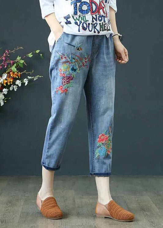 Embroidered Blue Ripped Summer Denim Pants Casual