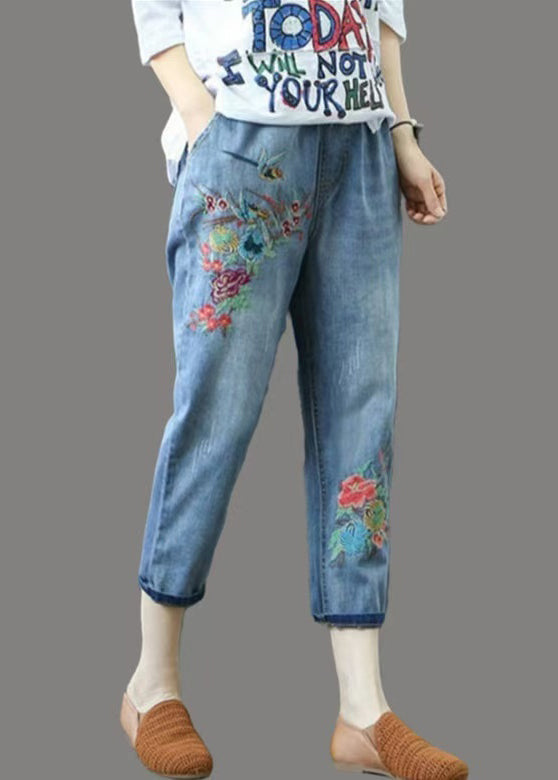 Embroidered Blue Ripped Summer Denim Pants Casual
