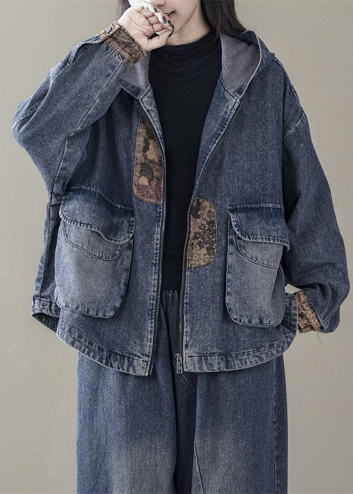Blue Spring Patchwork Coats Casual Denim Hooded