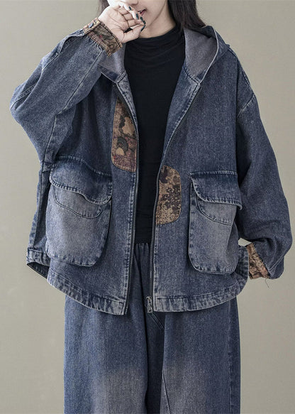 Blue Spring Patchwork Coats Casual Denim Hooded