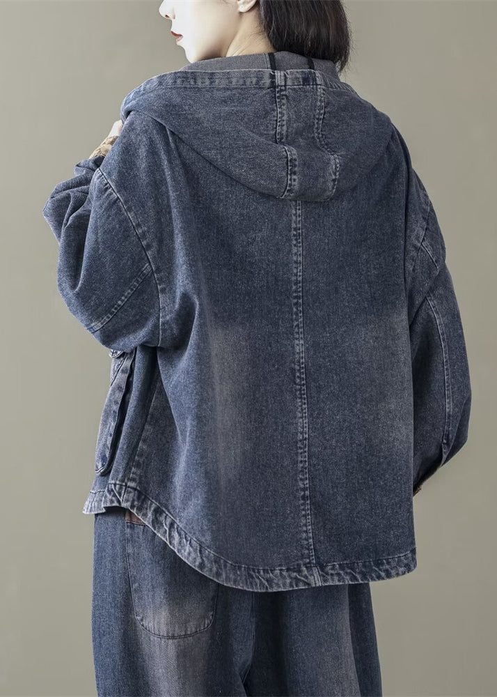 Blue Spring Patchwork Coats Casual Denim Hooded