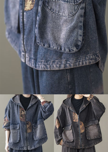 Blue Spring Patchwork Coats Casual Denim Hooded