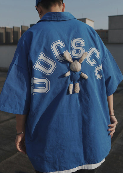 Casual Letter Oversized Men Shirts T Half Blue Cotton Patchwork