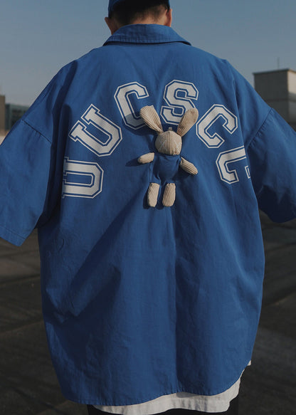 Casual Letter Oversized Men Shirts T Half Blue Cotton Patchwork