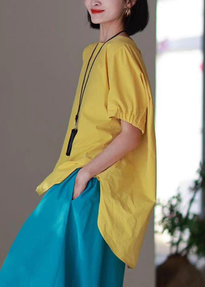 Neck O Side Shirts T Blue Casual High Low Design Open Cotton