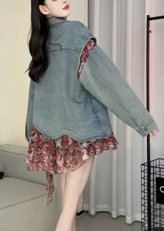 Casual Blue Peter Pan Collar Asymmetrical Print Print Denim Coat Spring RP023