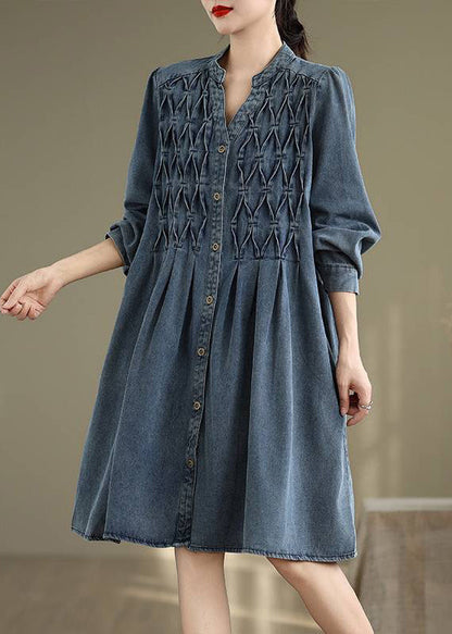 Button Casual Long Blue Sleeve Lantern Collar Stand Dress