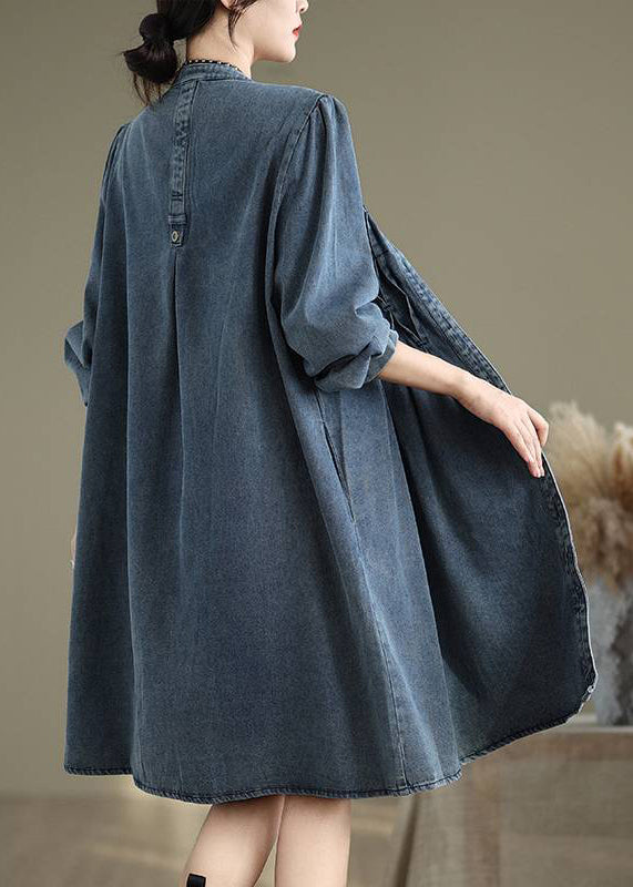 Button Casual Long Blue Sleeve Lantern Collar Stand Dress