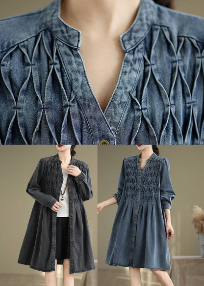 Button Casual Long Blue Sleeve Lantern Collar Stand Dress