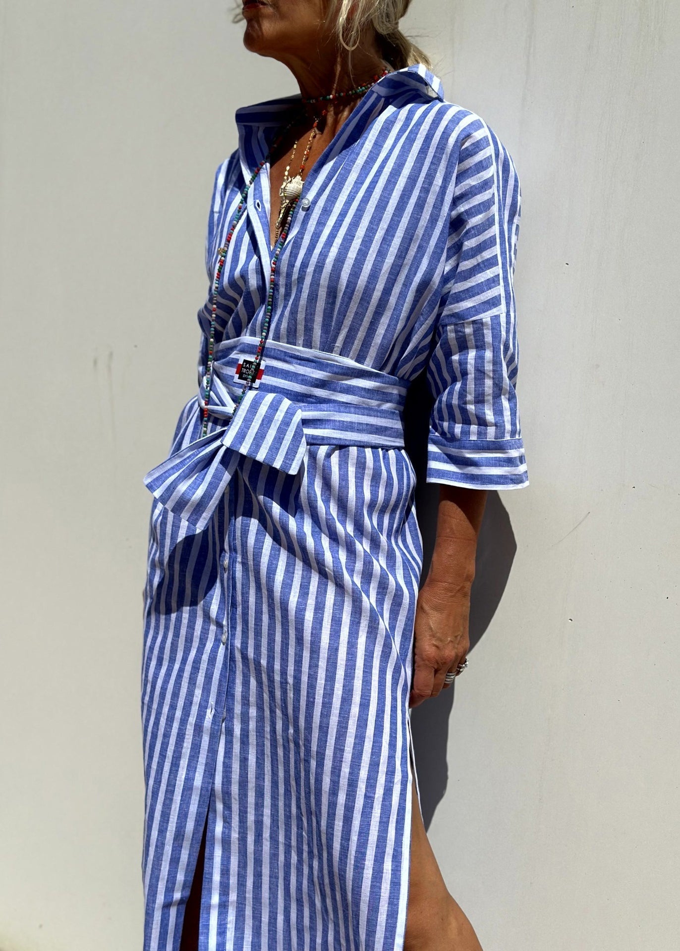 Blue Long Open Striped Side Casual Dress Patchwork Shirts
