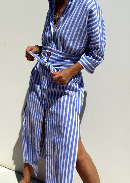 Blue Long Open Striped Side Casual Dress Patchwork Shirts
