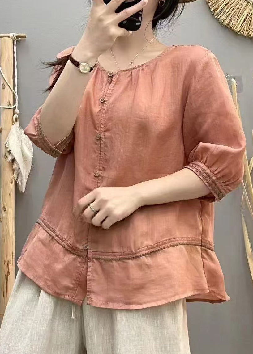 Blouse Cotton Embroidered Brick Tops Patchwork Red Casual Summer