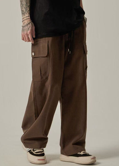 Cotton Casual Summer Waist Brown Elastic Pockets Men Pants