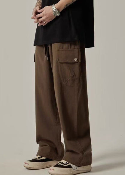 Cotton Casual Summer Waist Brown Elastic Pockets Men Pants