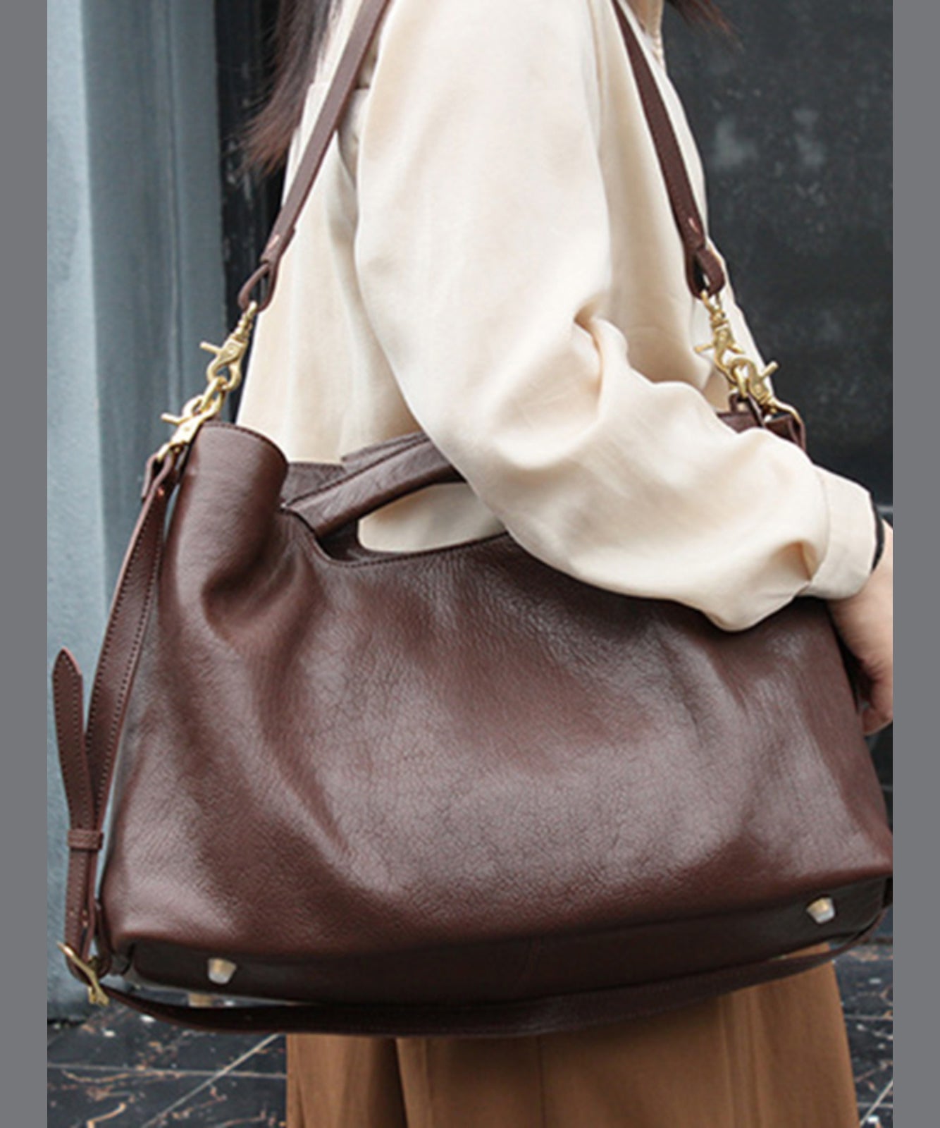 Casual Coffee Calf Leather Satchel Bag Handbag MM042