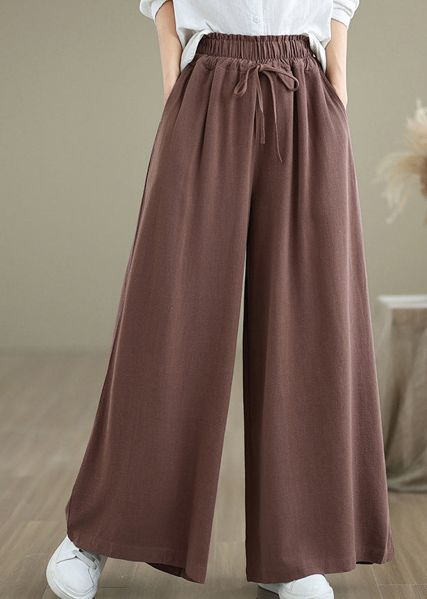 Casual Coffee Pockets Drawstring Cotton Wide Leg Pants Fall QO044