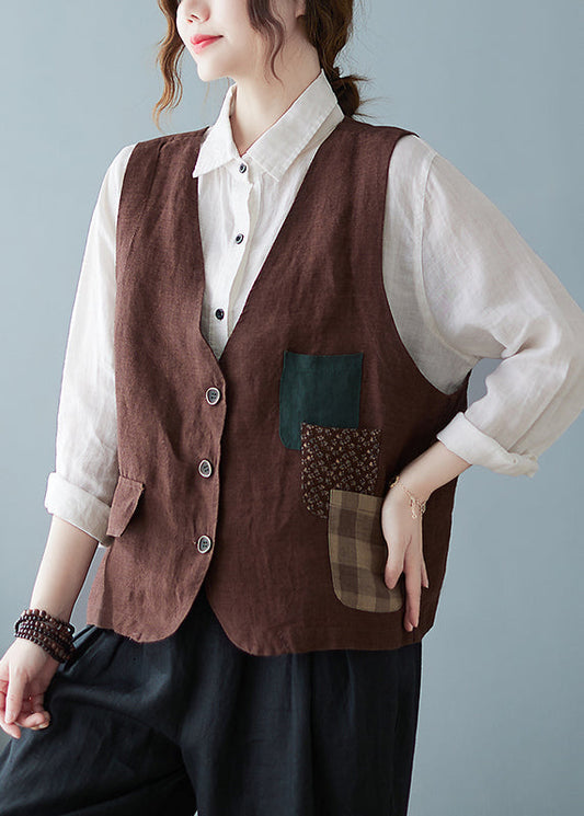 Casual Coffee V Neck Pockets Button Cotton Vest Tops Sleeveless OO010