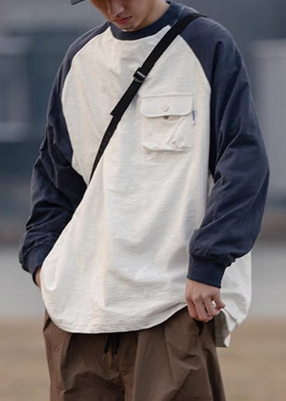 Shirts Dark Patchwork Men Neck O Casual Gray T Cotton Pockets