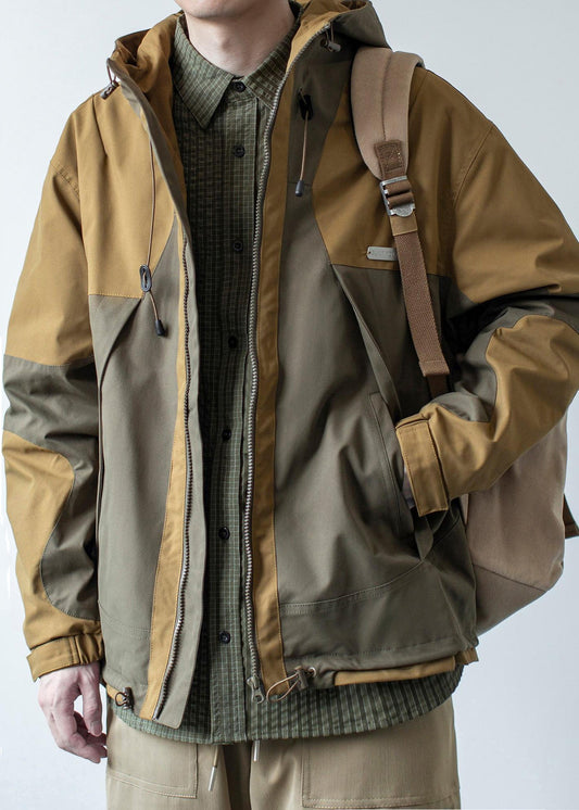 Cotton Khaki Casual Patchwork Hooded Coat Dark Pockets Spring Men