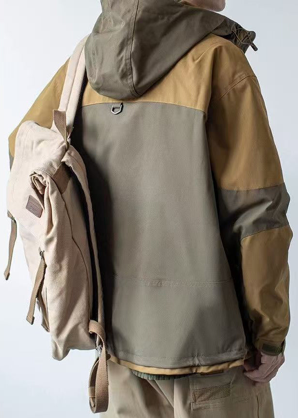 Cotton Khaki Casual Patchwork Hooded Coat Dark Pockets Spring Men